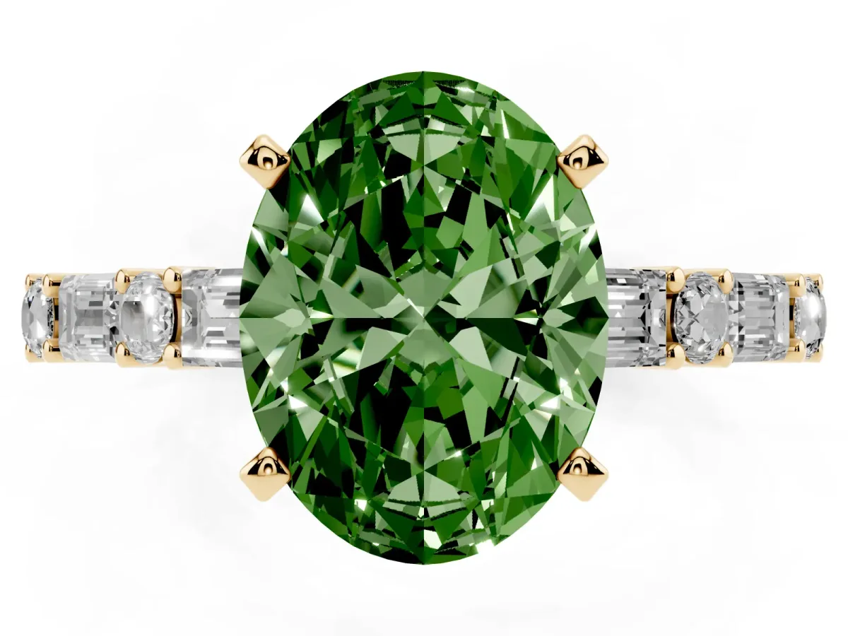 Fancy Green Oval Cut Diamond Solitaire with Side Baguettes and Channel Set Band Yellow gold