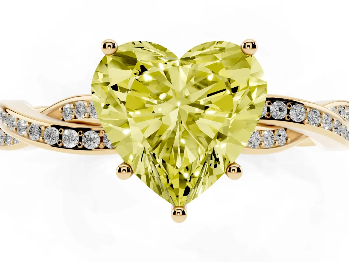 Fancy Yellow Heart Cut Solitaire Twisted Pave Diamond Ring with Four-Prong Setting Yellow gold