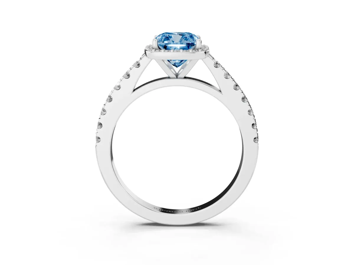 Fancy Blue Cushion Cut Cut Halo Diamond Engagement Ring with Pave Band and Four-Prong Setting Silver