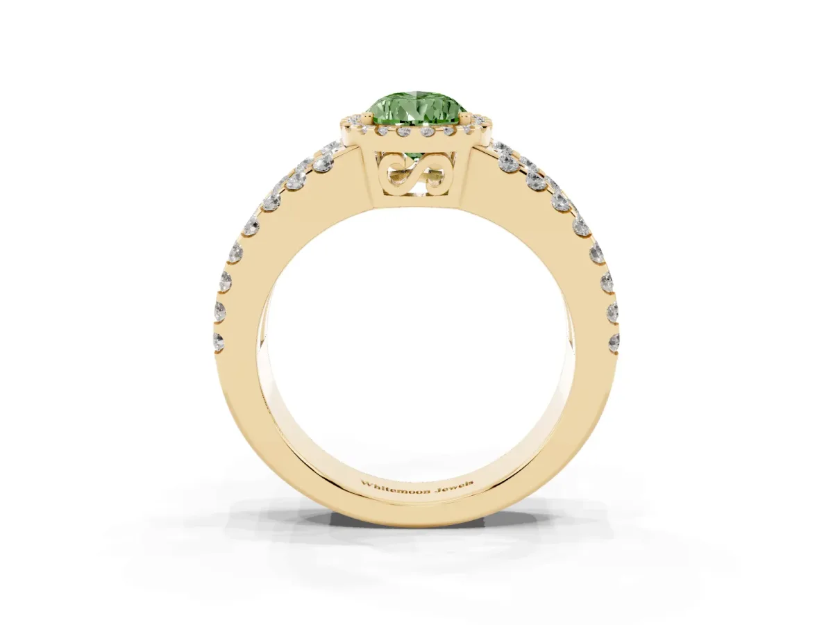 Fancy Green Pear Cut Cut Halo Split Shank Diamond Ring with Four-Prong Setting Yellow gold