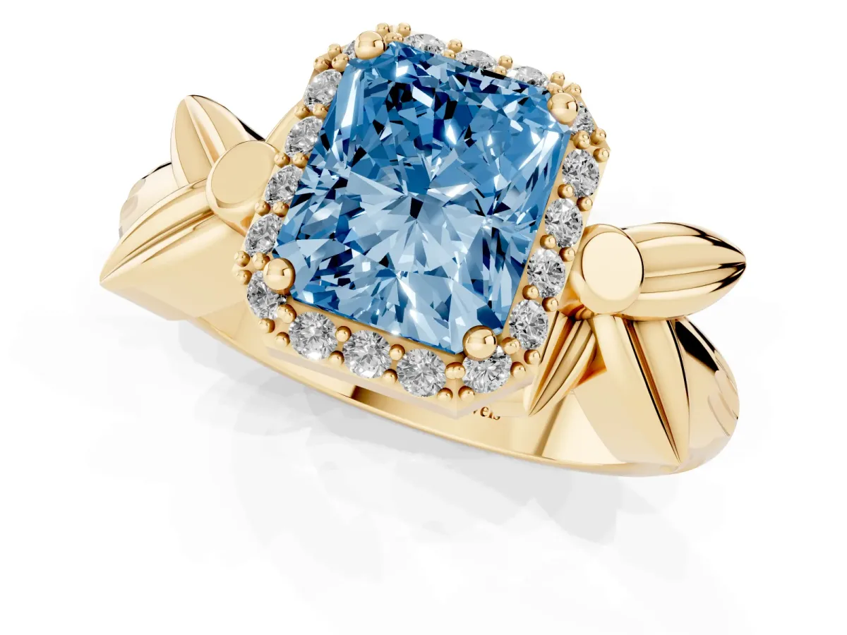 Fancy Blue Radiant Cut Halo Diamond Floral Band with Four-Prong Setting Yellow gold