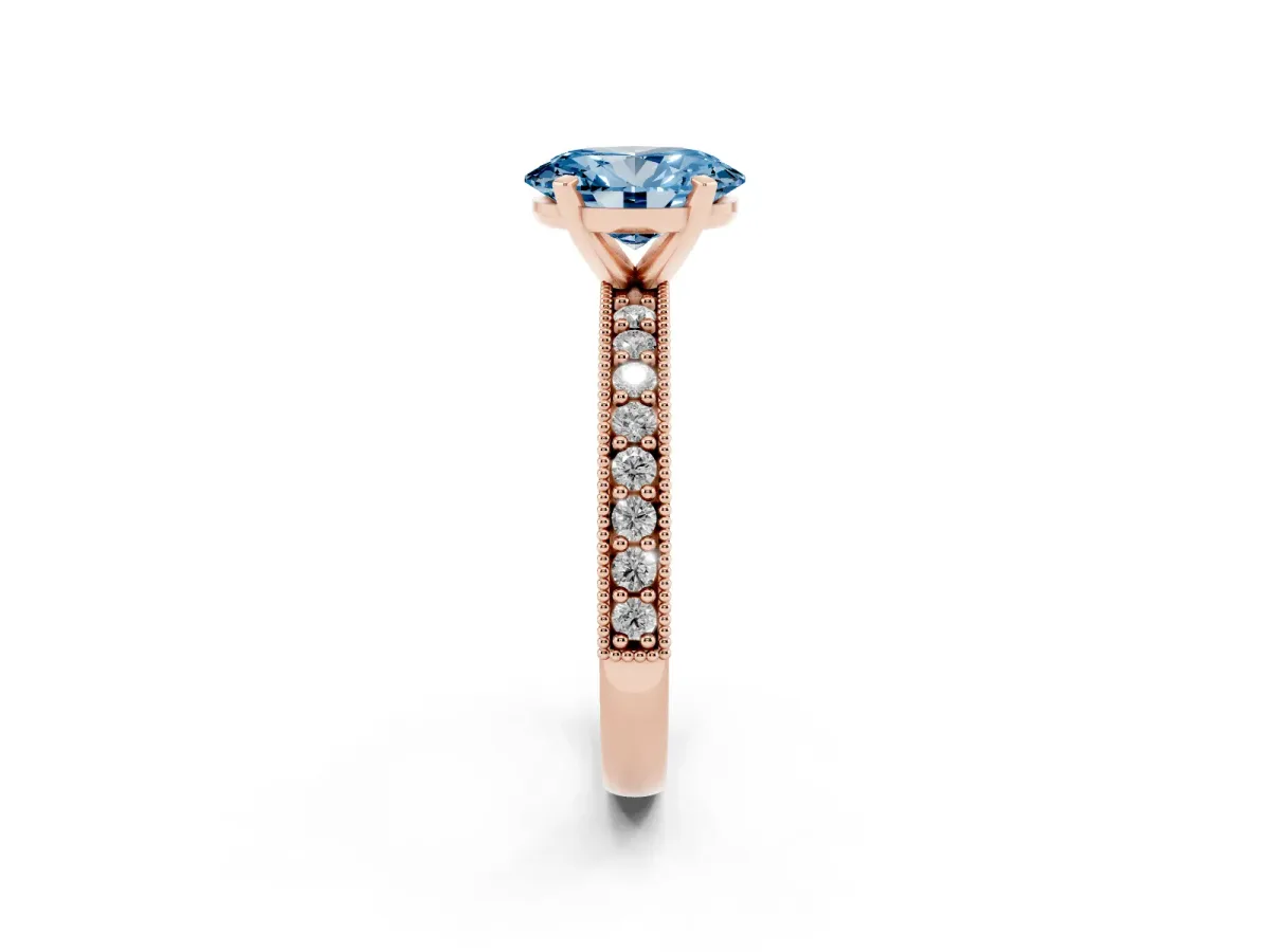 Fancy Blue Oval Cut Diamond Milgrain Pavé Engagement Ring with Four-Prong Setting Rose gold