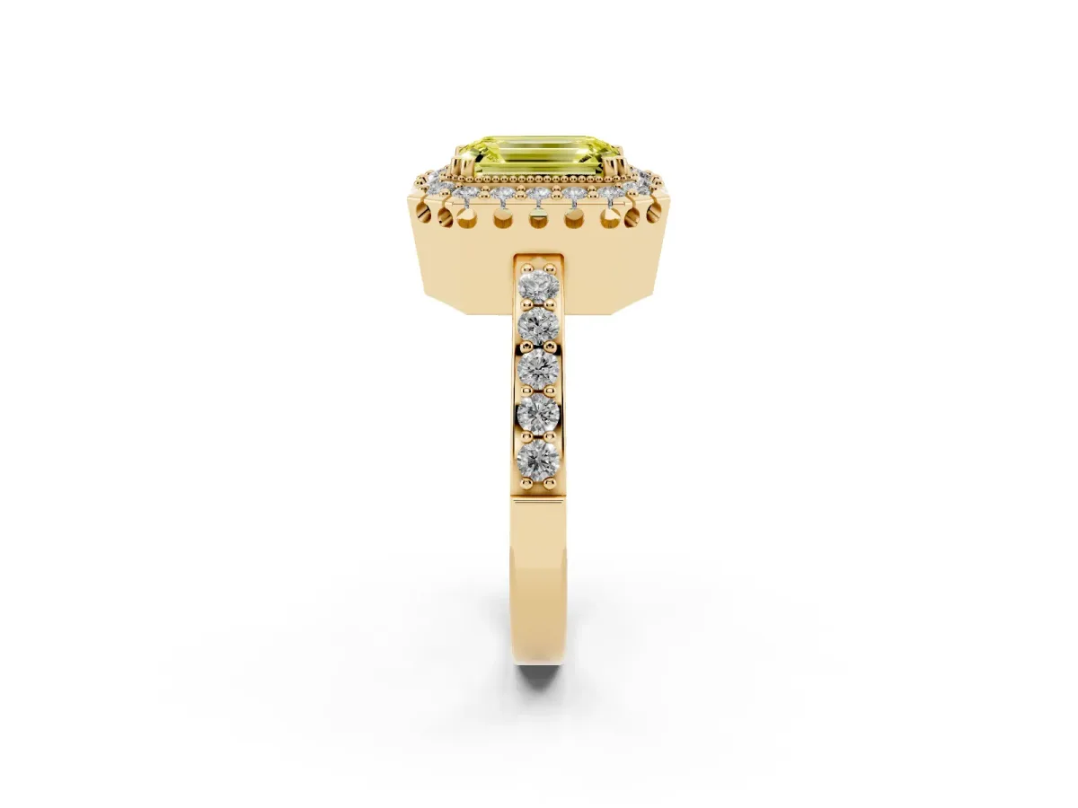 Fancy Yellow Emerald Cut Diamond Halo Ring with Pavé Band and Prong Setting Yellow gold