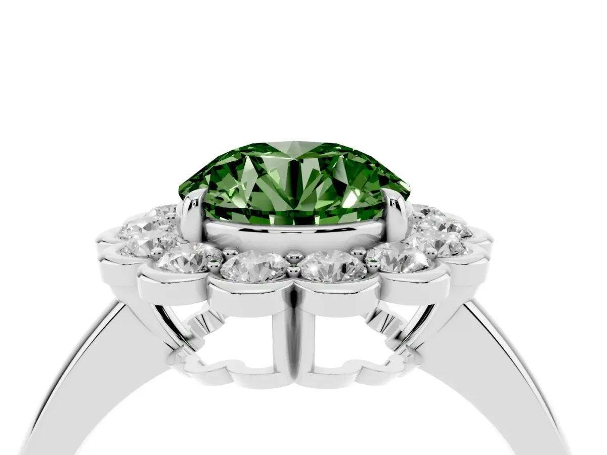 Fancy Green Round Cut Halo Cluster Diamond Engagement Ring with Solitaire Band and Prong Setting Platinum