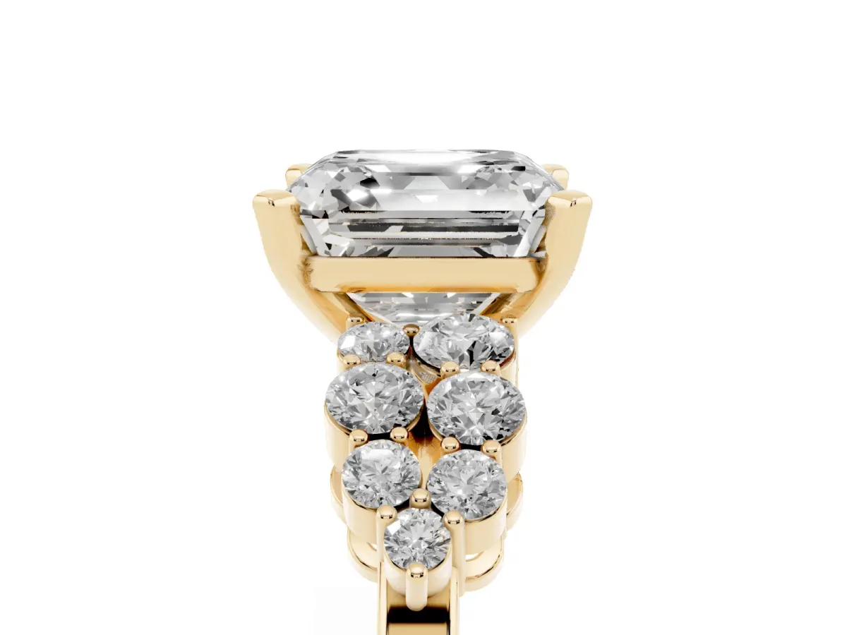 Asscher Cut Cluster Diamond Engagement Ring with Pavé Band and Four-Prong Setting Yellow gold