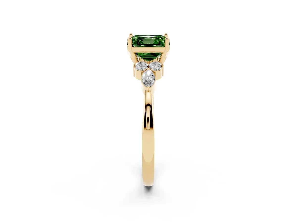 Fancy Green Asscher Cut Brilliant Diamond Solitaire Ring with Pear Side Stones and Four-Prong Setting Yellow gold