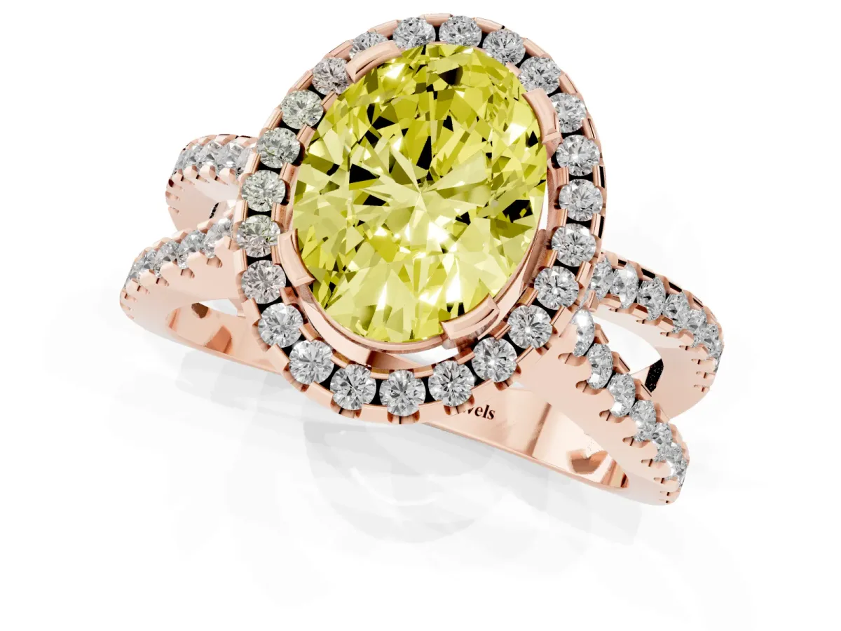Fancy Yellow Oval Cut Diamond Halo Ring with Split Shank Pavé Band and Prong Setting Rose gold