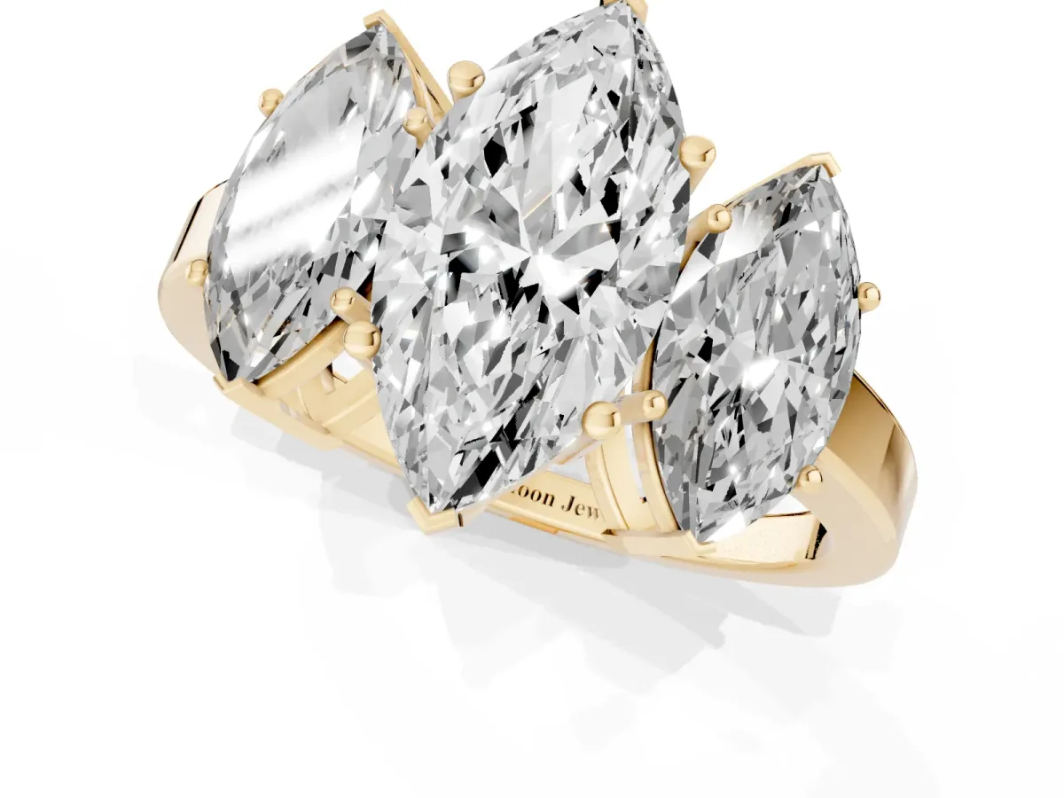 Three-Stone Marquise Cut Cut Diamond Engagement Ring with Flat Band and Four-Prong Setting Yellow gold