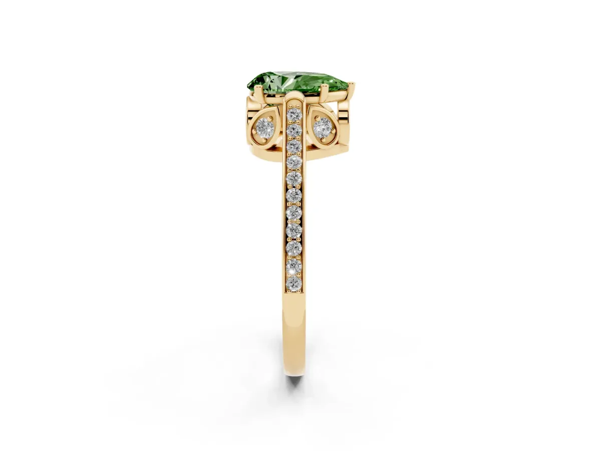 Fancy Green Pear Cut Cut Cathedral Pave Diamond Engagement Ring with Six-Prong Setting Yellow gold