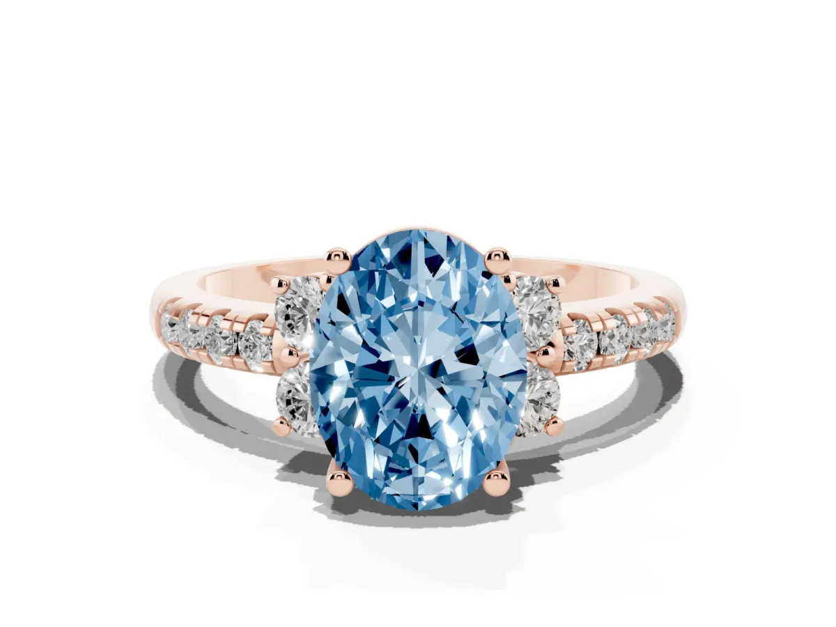Fancy Blue Oval Cut Diamond Three-Stone Pave Band with Four-Prong Setting Rose gold