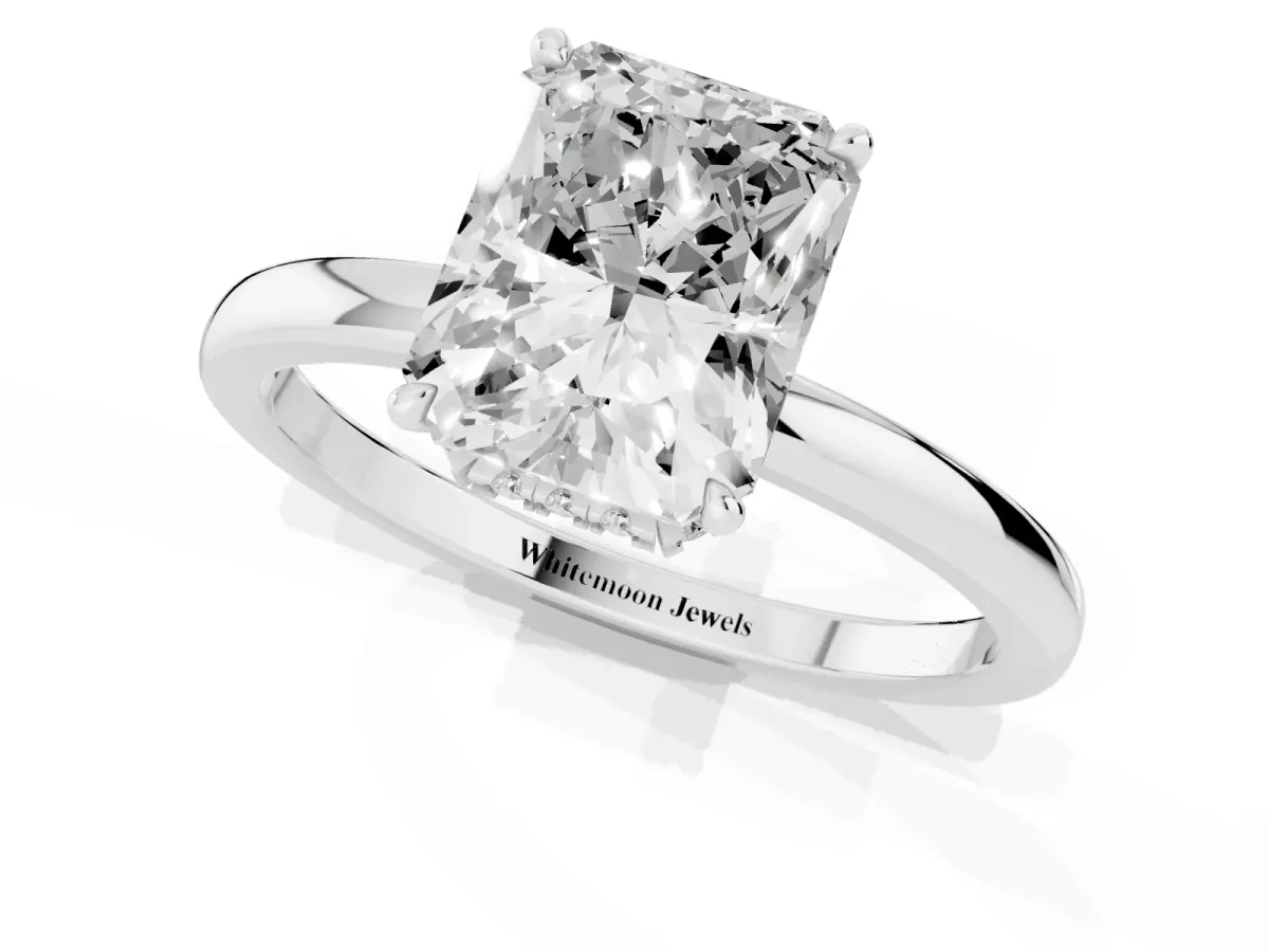 Radiant Cut Solitaire Engagement Ring with Cathedral Band and Four-Prong Setting White gold