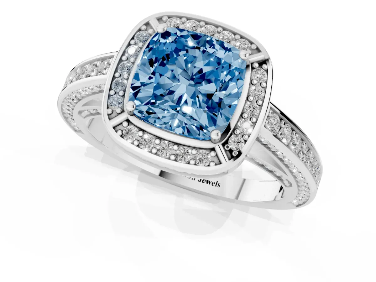 Fancy Blue Cushion Cut Cut Halo Pave Split Shank Prong Setting Ring Platinum