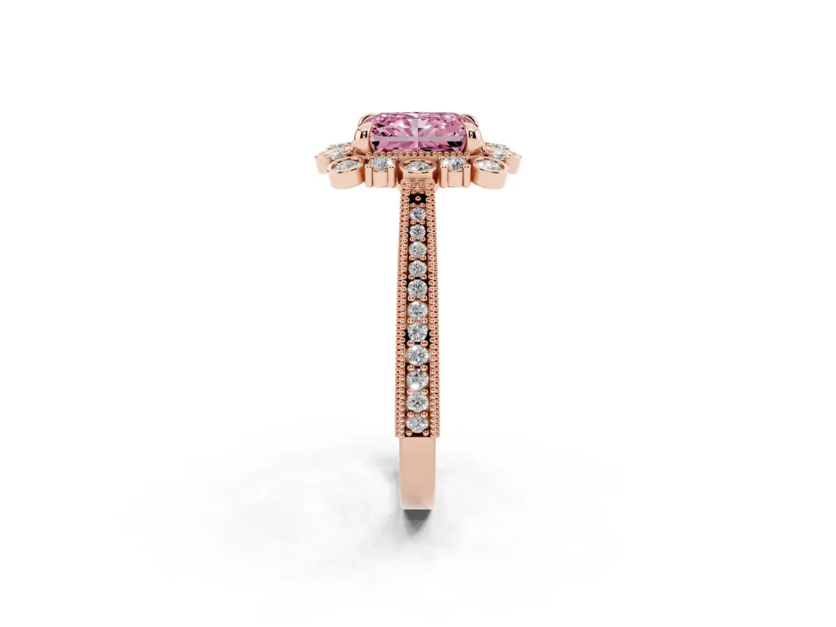 Fancy Pink Radiant Cut Halo Milgrain Pave Diamond Ring with Four-Prong Setting Rose gold