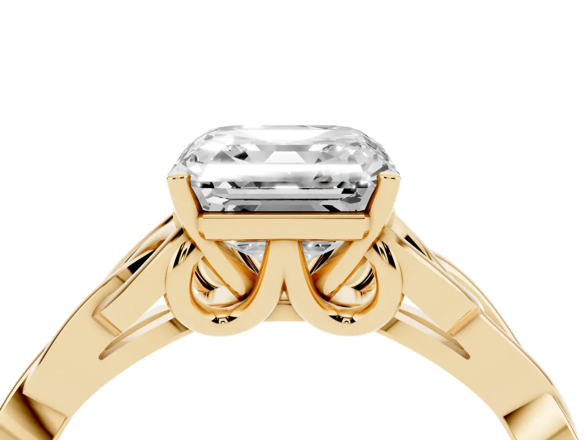 Asscher Cut Diamond Solitaire Engagement Ring with Celtic Knot Band and Four-Prong Setting Yellow gold