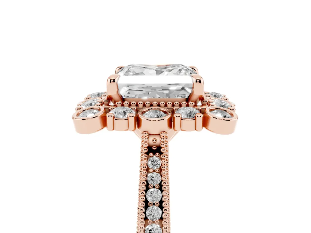 Princess Cut Halo Milgrain Pave Diamond Ring with Four-Prong Setting Rose gold