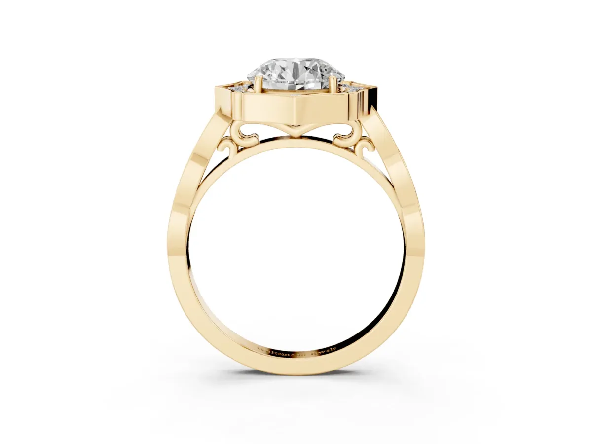 Round Cut Halo Diamond Engagement Ring with Milgrain Band and Four-Prong Setting Yellow gold
