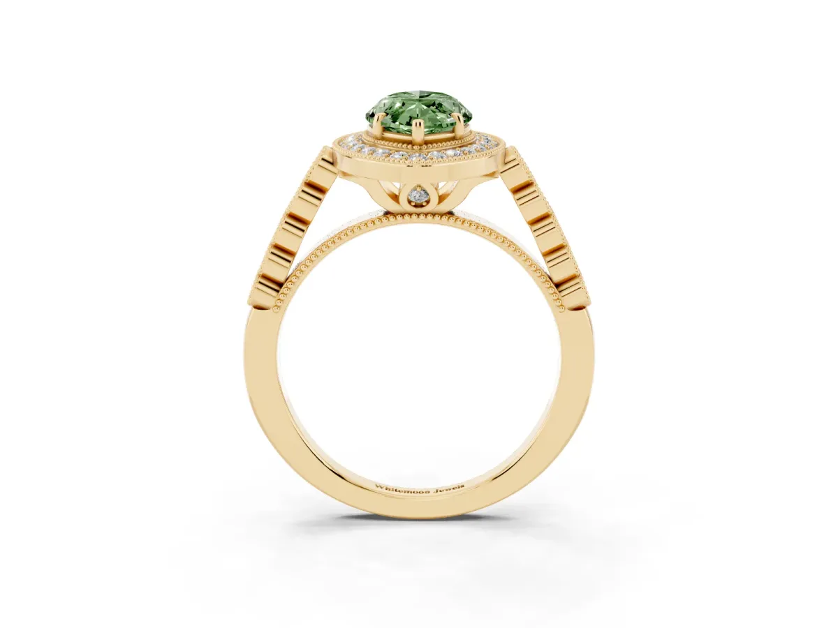 Fancy Green Marquise Cut Halo Milgrain Solitaire with Bezel Set Side Stones and Pave Band Yellow gold