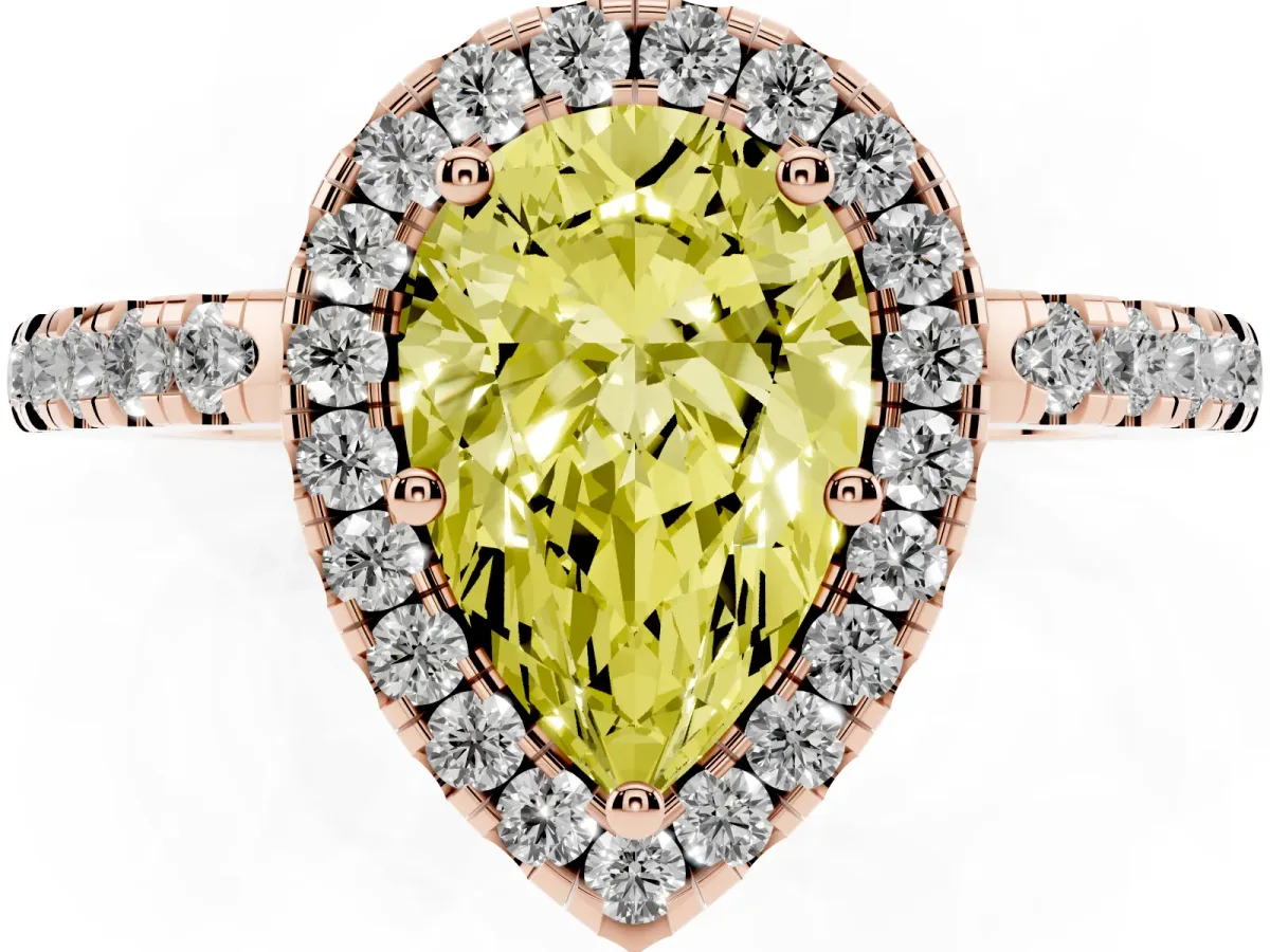 Fancy Yellow Pear Cut Halo Diamond Engagement Ring with Pavé Band and Four-Prong Setting Rose gold
