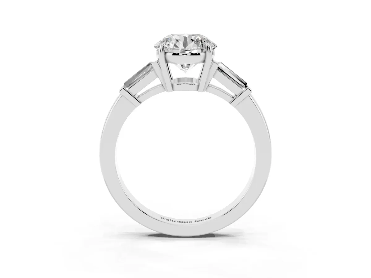 Round Cut Diamond Three-Stone Ring with Tapered Baguette Side Stones and Prong Setting Silver
