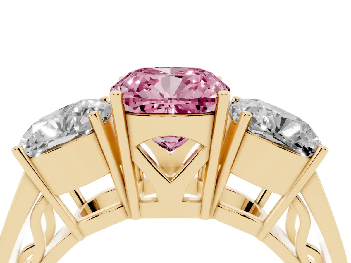 Fancy Pink Cushion Cut Diamond Three-Stone Ring with Prong Setting and Textured Band Yellow gold