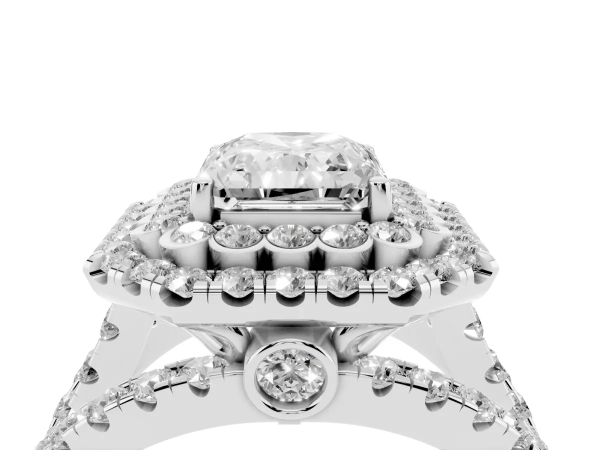 Radiant Cut Diamond Double Halo Ring with Round Pavé Split Shank and Prong Setting Silver