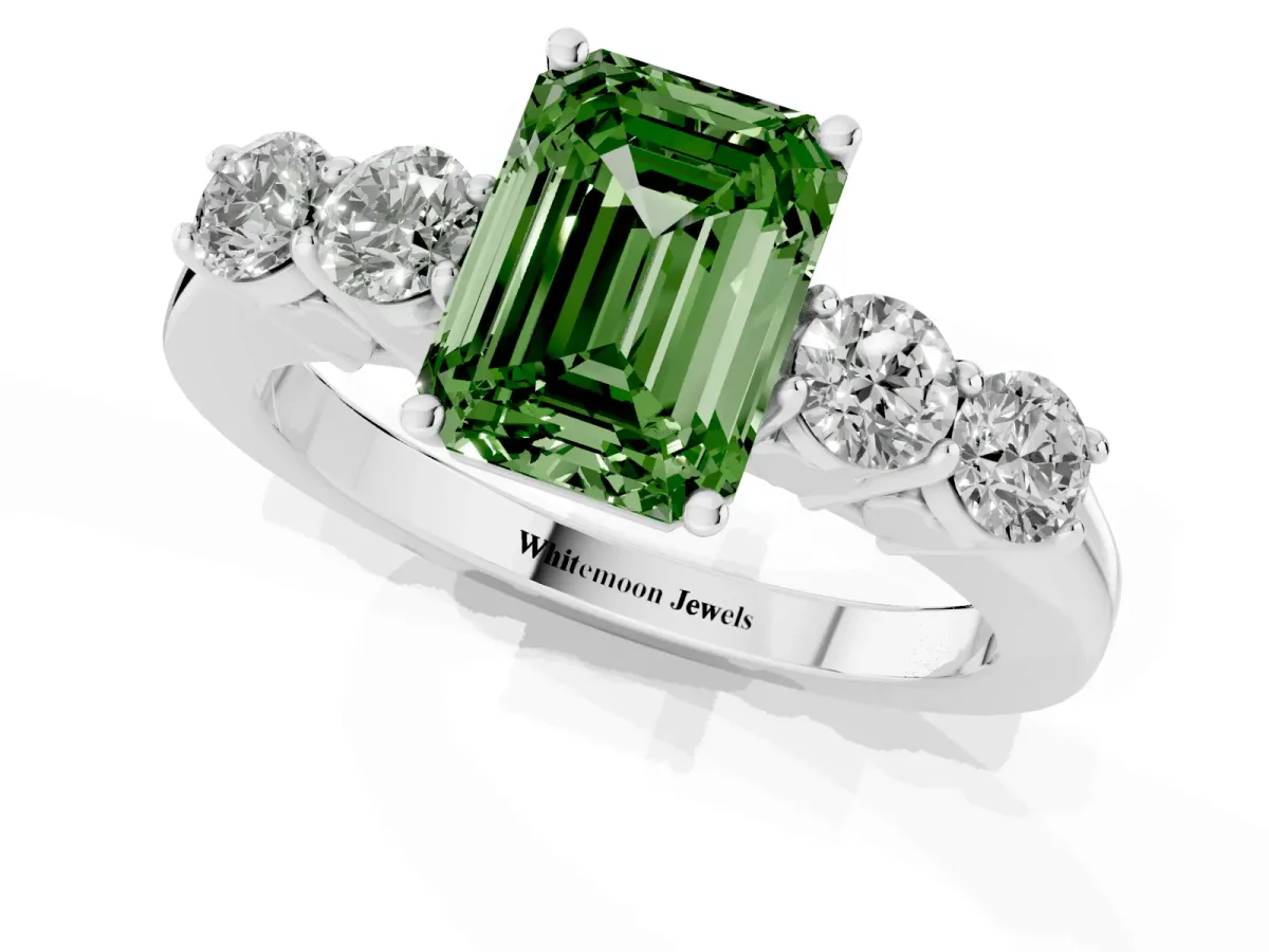 Fancy Green Emerald Cut Cut Diamond Five-Stone Prong Set White Gold Ring Silver