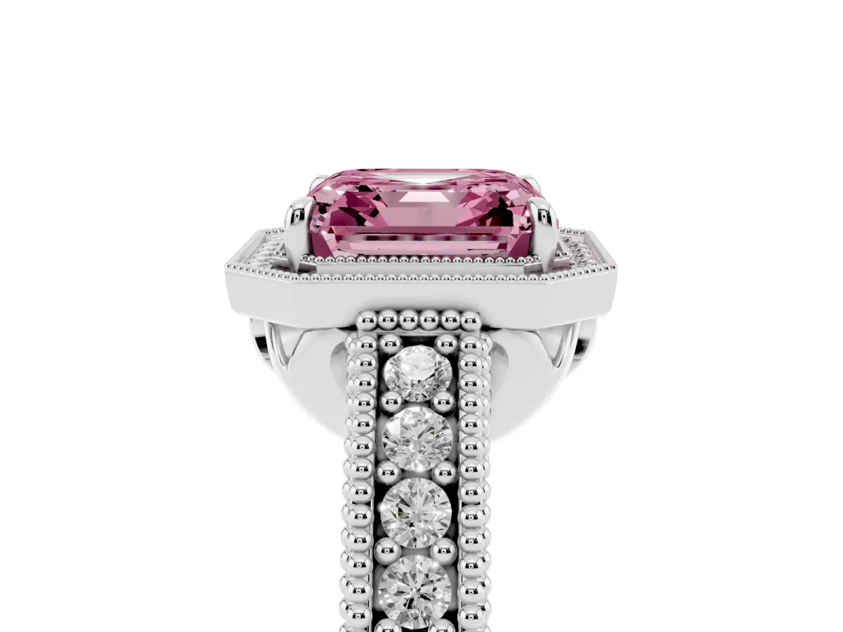 Fancy Pink Asscher Cut Cut Halo Diamond Ring with Pavé Band and Four-Prong Setting White gold