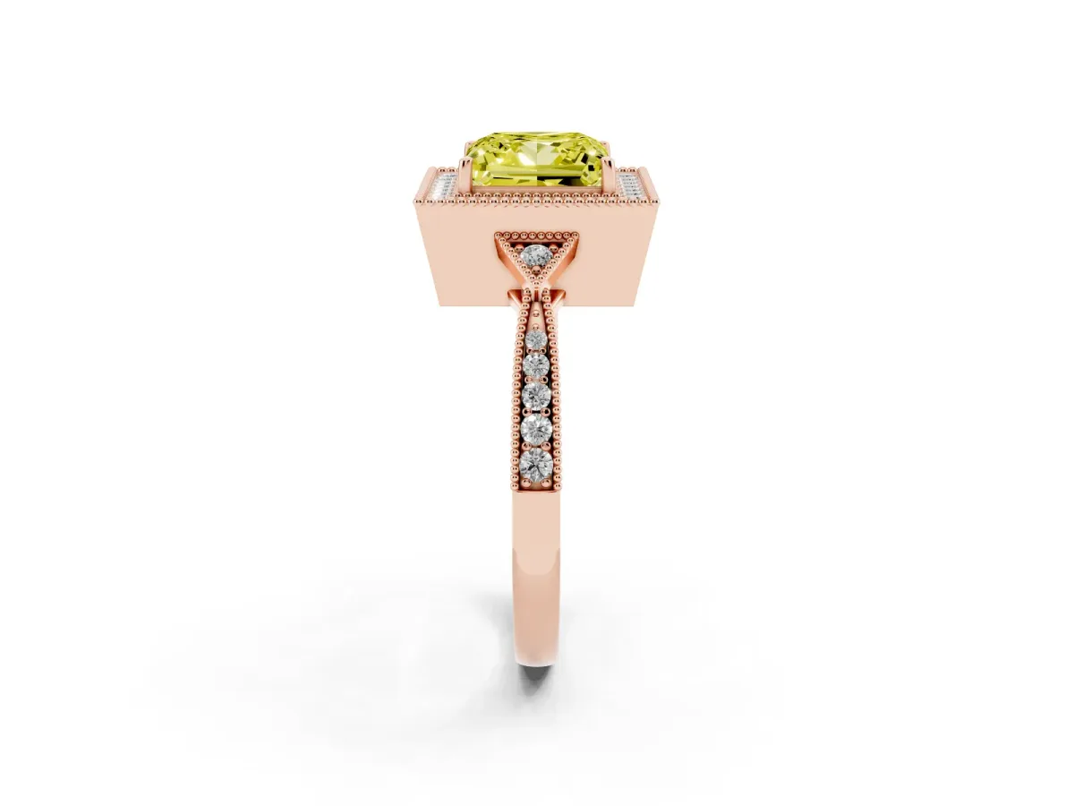 Fancy Yellow Princess Cut Halo Round Diamond Milgrain Pave Engagement Ring Rose gold