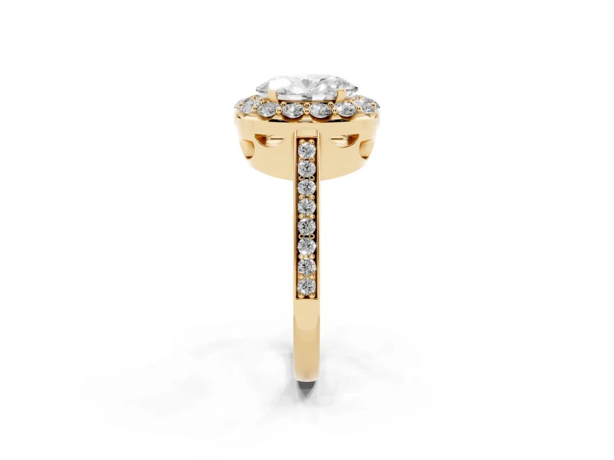 Oval Cut Diamond Floral Halo Ring with Pavé Band and Prong Setting Yellow gold