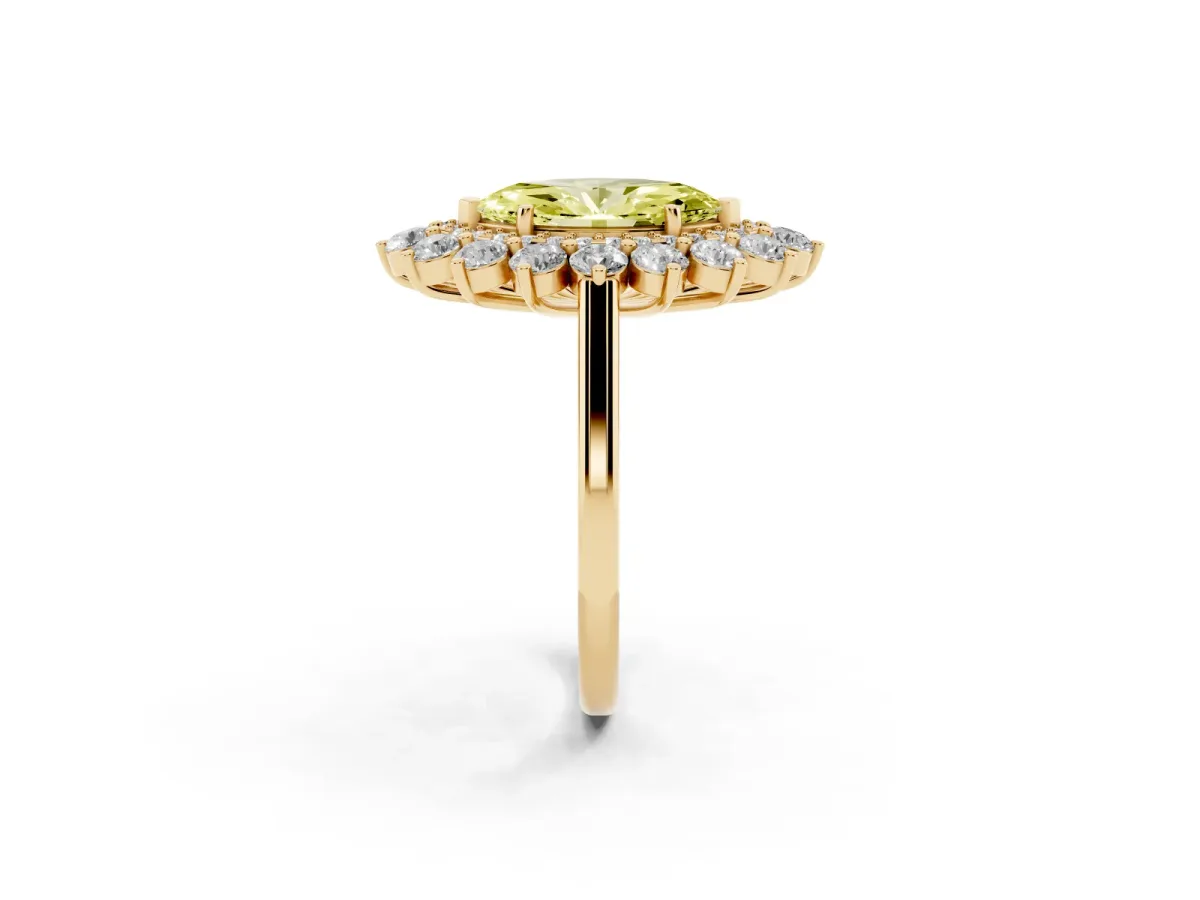 Fancy Yellow Marquise Cut Diamond Floral Double Halo Engagement Ring with Prong Setting Yellow gold