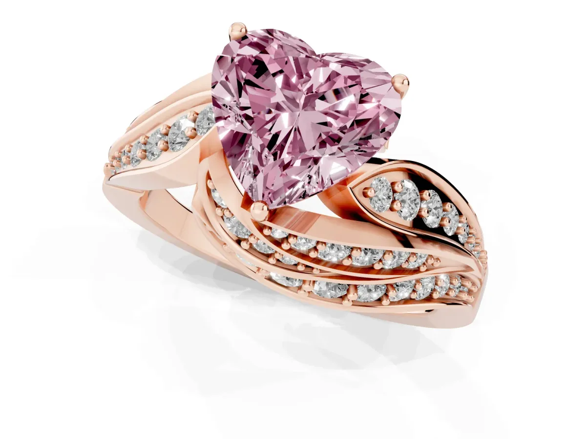 Fancy Pink Heart Cut Diamond Solitaire Ring with Prong Setting and Twisted Pavé Band Rose gold