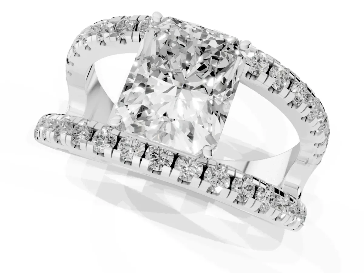 Radiant Cut Solitaire Split Shank Pave Diamond Ring Platinum