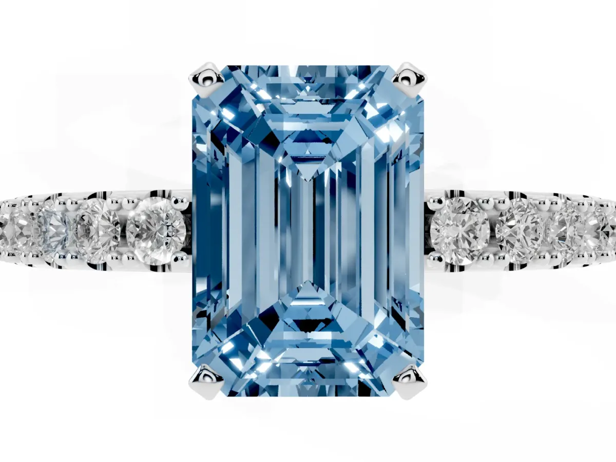 Fancy Blue Emerald Cut Diamond Solitaire Pavé Band with Four-Prong Setting Platinum