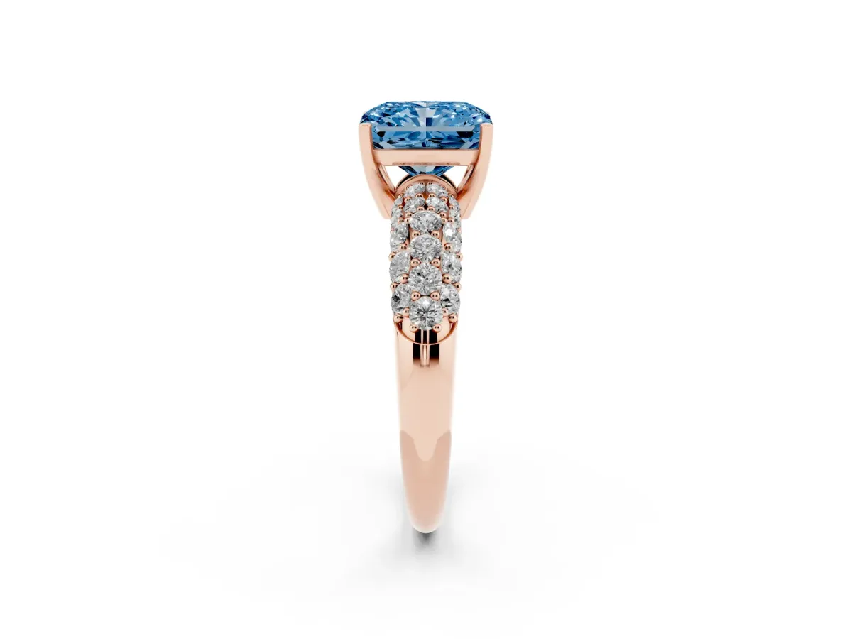 Fancy Blue Radiant Cut Diamond Pavé Band Solitaire Ring with Four-Prong Setting Rose gold