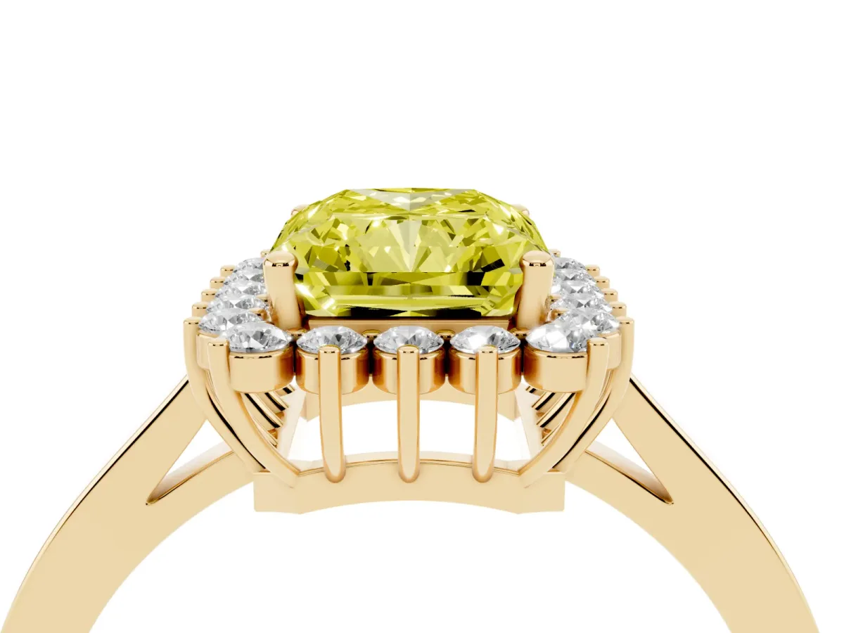 Fancy Yellow Radiant Cut Cut Diamond Halo Ring with Round Brilliant Halo and Solitaire Band Yellow gold