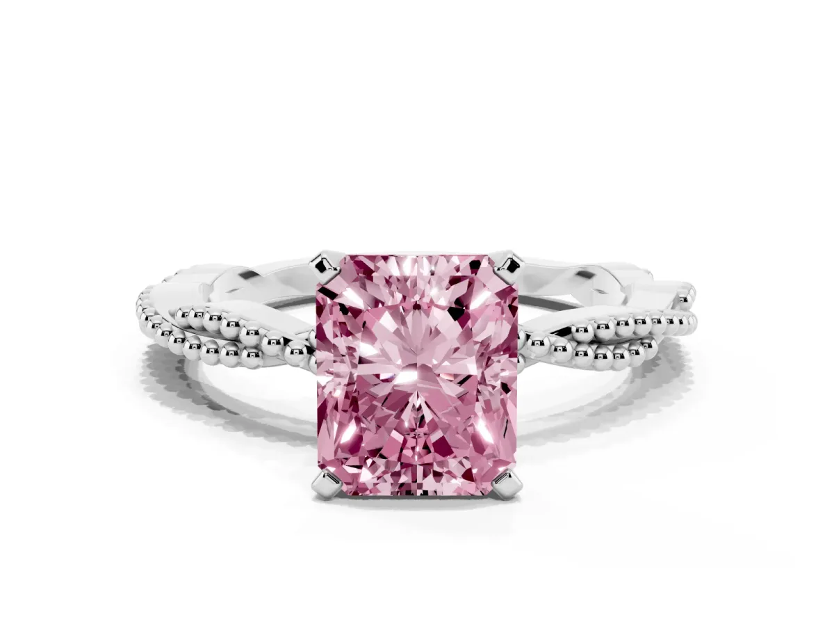 Fancy Pink Radiant Cut Solitaire Twisted Band with Bead Prong Setting Silver
