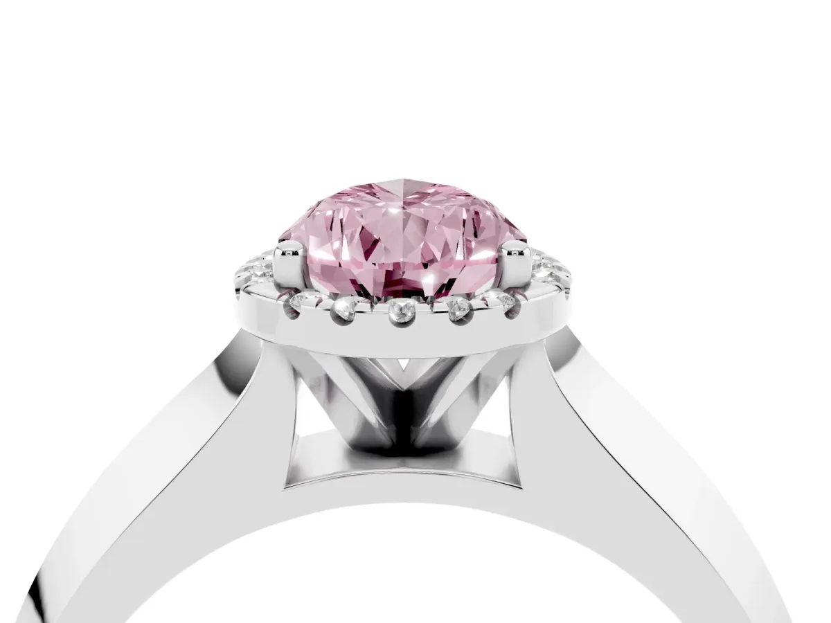 Fancy Pink Pear Cut Halo Diamond Ring with Cathedral Band and Four-Prong Setting Silver