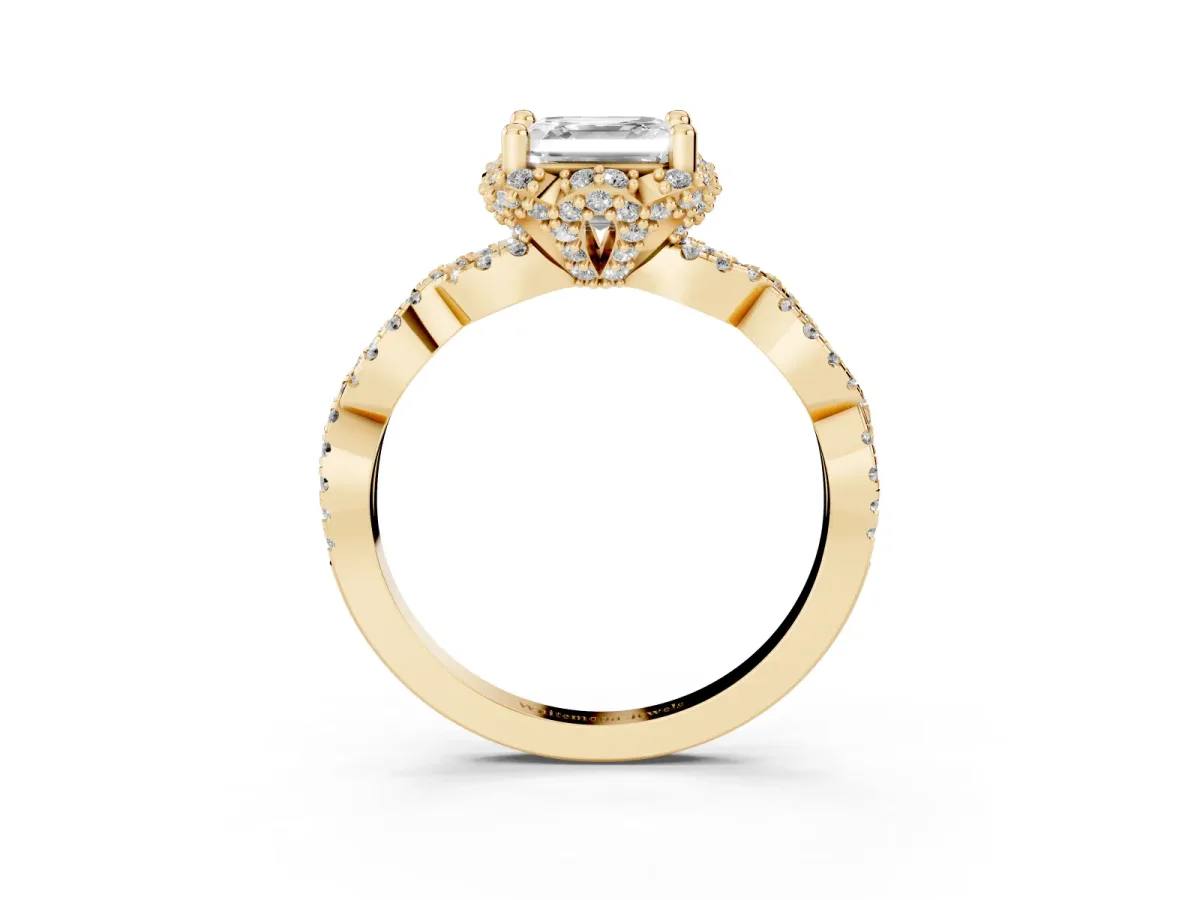 Asscher Cut Halo Twist Band Solitaire Ring with Six-Prong Setting Yellow gold