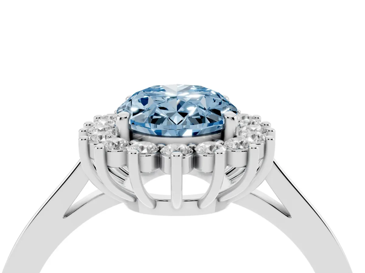Fancy Blue Oval Cut Cut Diamond Halo Ring with Round Brilliant Halo and Solitaire Band Silver