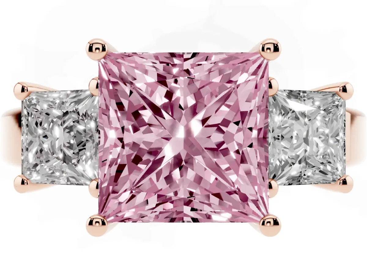 Fancy Pink Three-Stone Princess Cut Cut Solitaire Ring with Prong Setting Rose gold