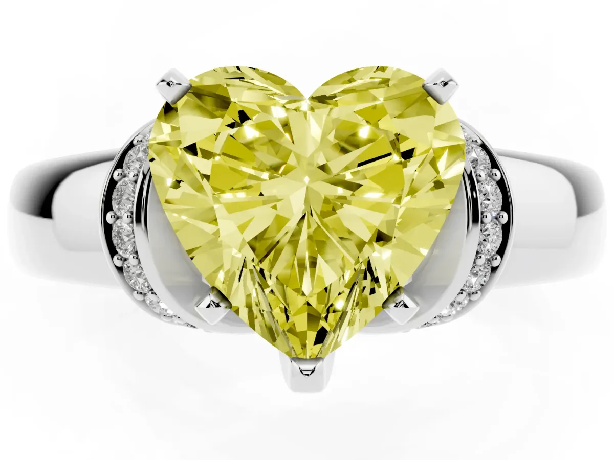 Fancy Yellow Heart Cut Solitaire Diamond Ring with Pave Band and Six-Prong Setting Platinum
