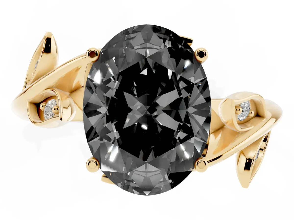 Fancy Black Oval Cut Solitaire Twist Engagement Ring with Leaf Accents and Prong Setting Yellow gold