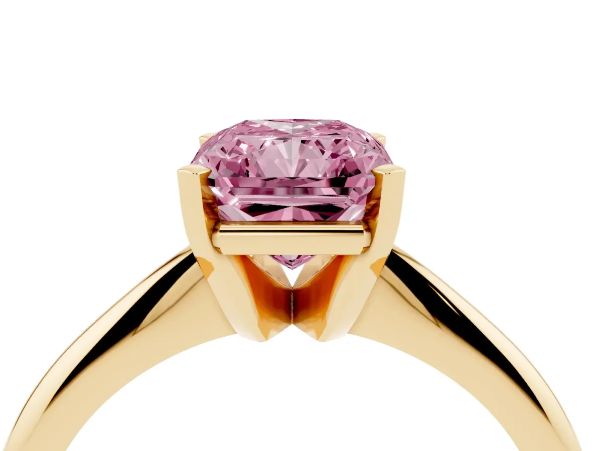 Fancy Pink Radiant Cut Cut Solitaire Ring with Four-Prong Setting on a Classic Band Yellow gold