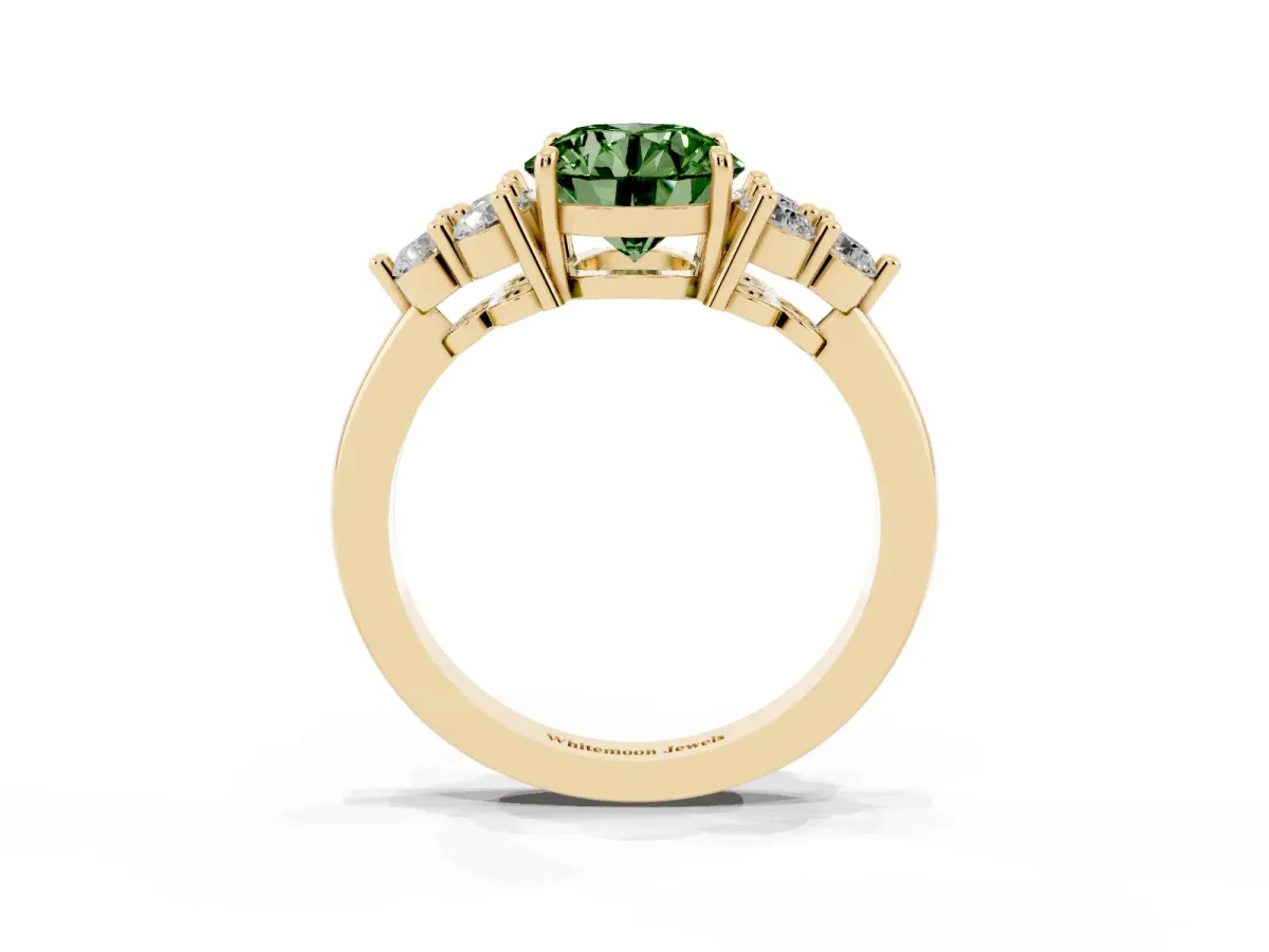 Fancy Green Round Cut Brilliant Diamond Cluster Accent Solitaire Ring with Prong Setting Yellow gold
