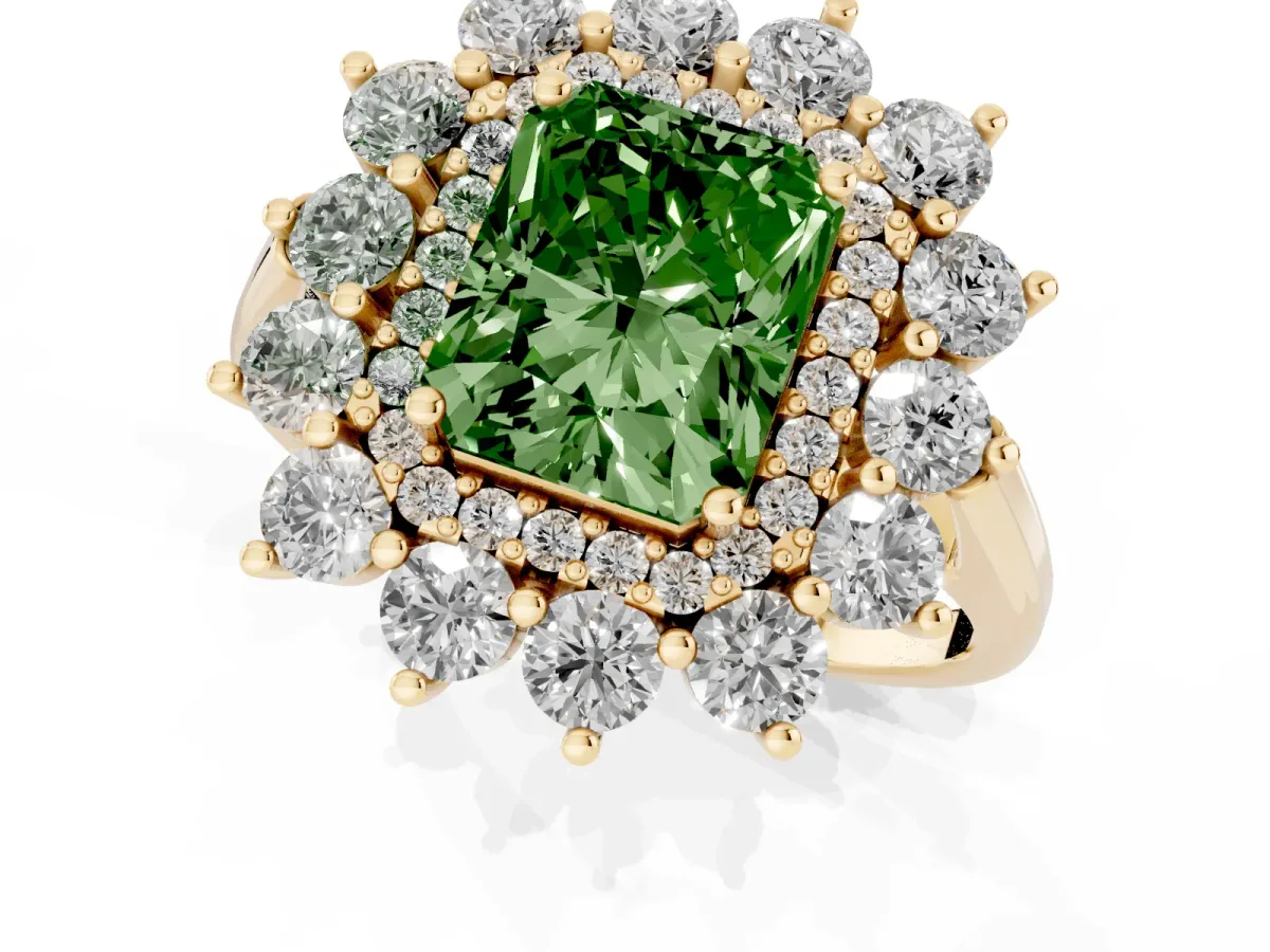 Fancy Green Radiant Cut Diamond Floral Double Halo Engagement Ring with Prong Setting Yellow gold