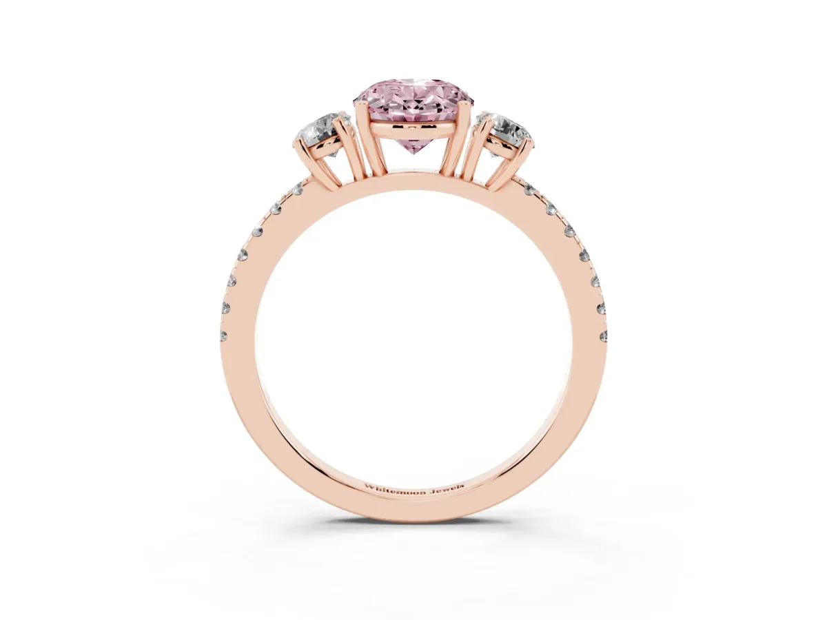 Fancy Pink Three-Stone Oval Cut Cut Diamond Pavé Band with Prong Setting Rose gold