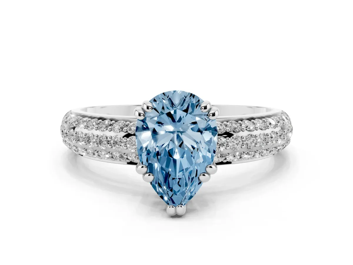 Fancy Blue Pear Cut Diamond Solitaire Ring with Multi-Row Round Pavé Band and Prong Setting Silver