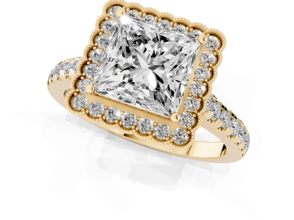 Princess Cut Cut Diamond Milgrain Floral Halo Engagement Ring with Pavé Band Yellow gold
