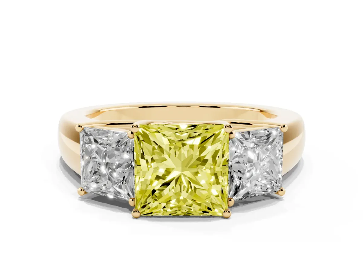 Fancy Yellow Three-Stone Princess Cut Cut Diamond Ring with Prong Setting and Classic Band Yellow gold