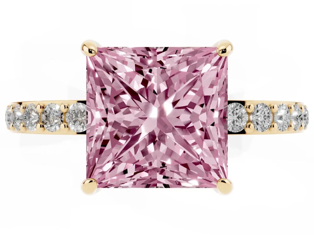Fancy Pink Princess Cut Diamond Pavé Engagement Ring with Round Accents and Prong Setting Yellow gold